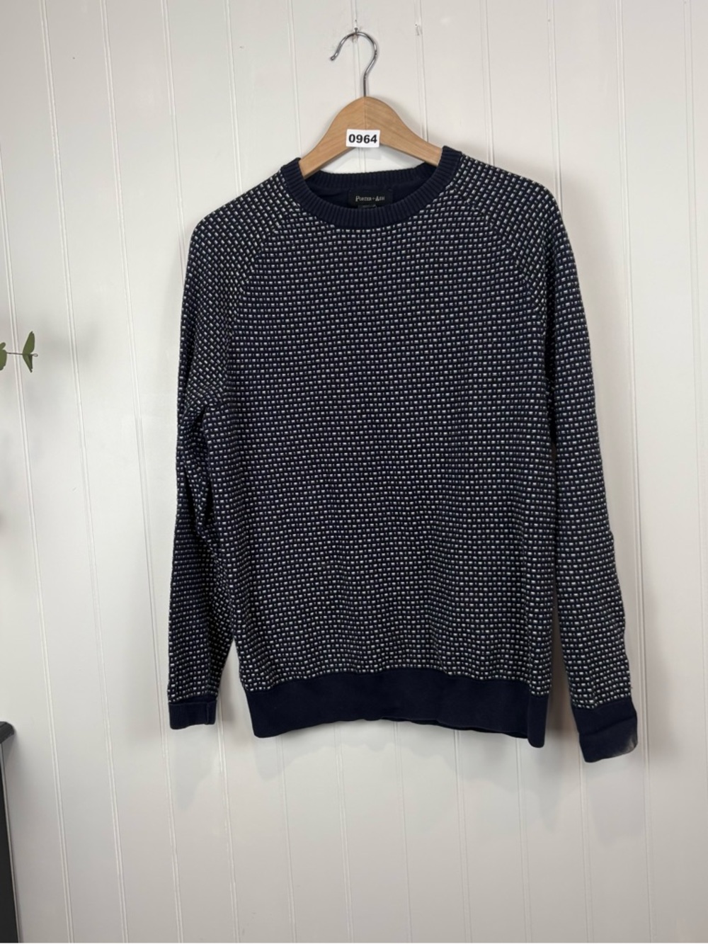 Porter + Ash Textured Knit Sweater Navy White Crewneck Classic Minimalist - Picture 2 of 6